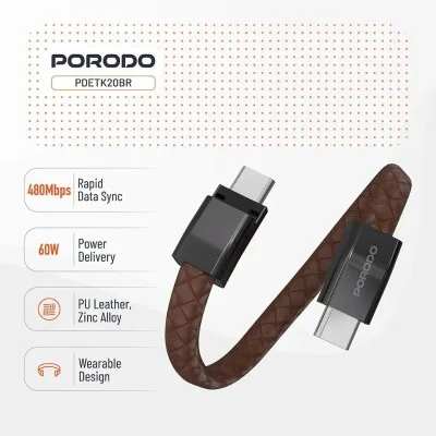 Porodo Usb-C To Usb-C Wristband Cable Magnetic Steel Clasp - Brown